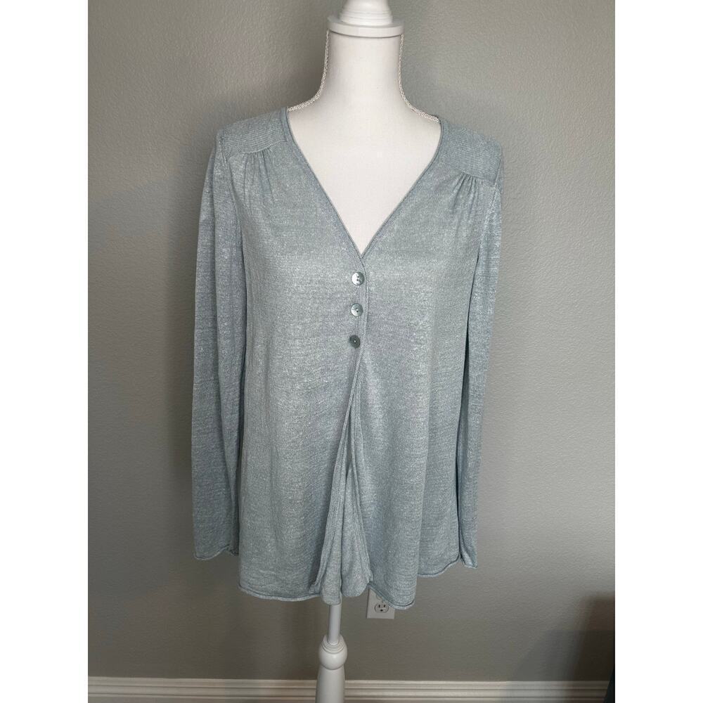 Eileen Fisher light blue linen and silk 3 button textured cardigan size M